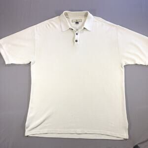 Tommy Bahama Men Polo Shirt Large Beige Striped Silk Blend Short Sleeve Collar